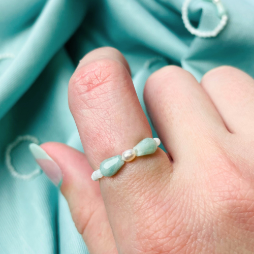Elastyczny Delikatny pierścionek z amazonitu, naturalnej perły i kamienia księżycowego..png