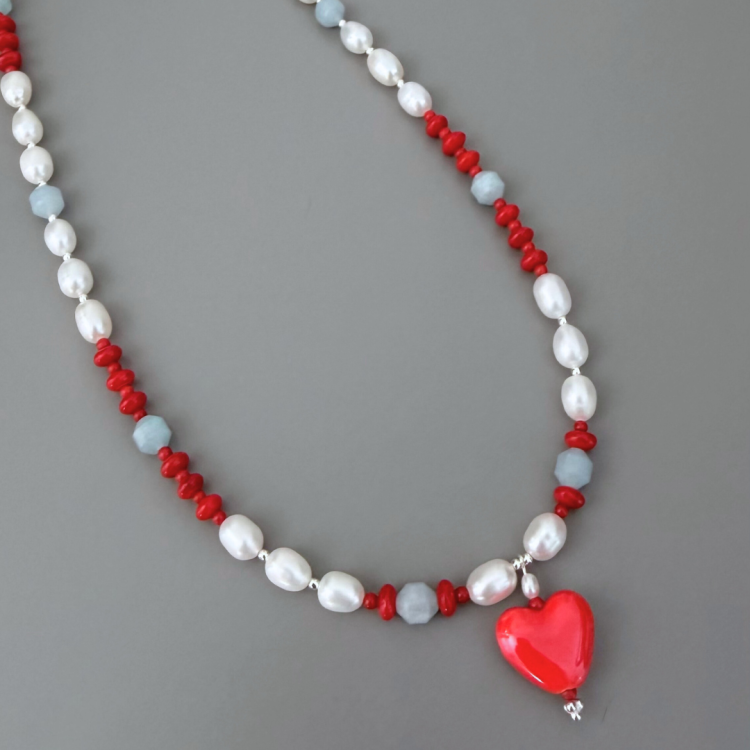 srebrny 925 Naszyjnik z pereł, koralu i akwamarynu z ceramicznym sercem.png