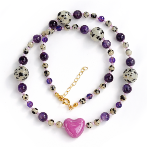 Naszyjnik 925 z ametystem i jaspisem dalmatyńskim z ceramicznym serduszkiem srebro pozłacane.png