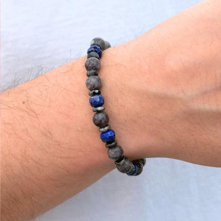 elastyczna Bransoletka z agatu szarego, larvikitu i lapis lazuli.png