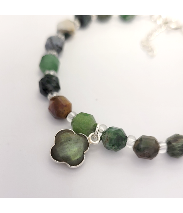 Wyjątkowa Srebrna Bransoletka 925 z Labradorytem i Agatem Indyjskim