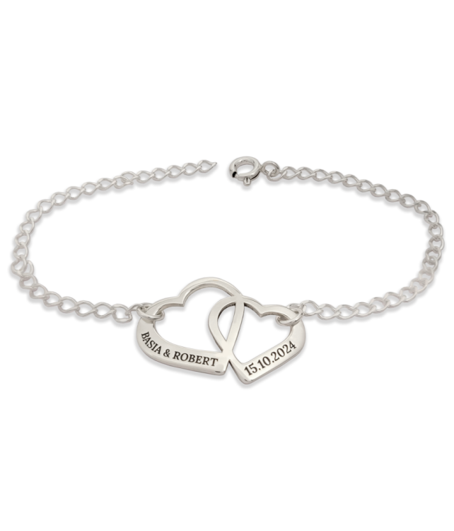 Srebrna Bransoletka dwa przeplatane Serca z Grawerem