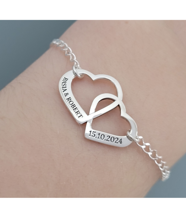 Srebrna Bransoletka dwa przeplatane Serca z Grawerem