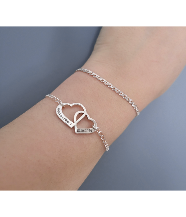 Srebrna Bransoletka dwa przeplatane Serca z Grawerem