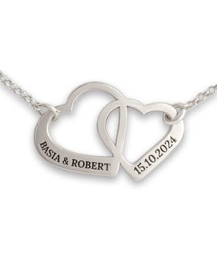 Srebrny Naszyjnik dwa przeplatane Serca z Grawerem