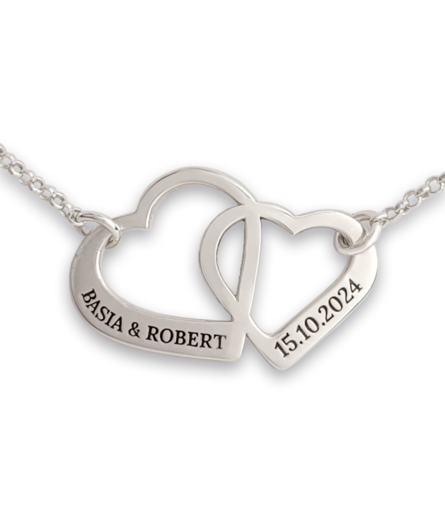 Srebrny Naszyjnik dwa przeplatane Serca z Grawerem