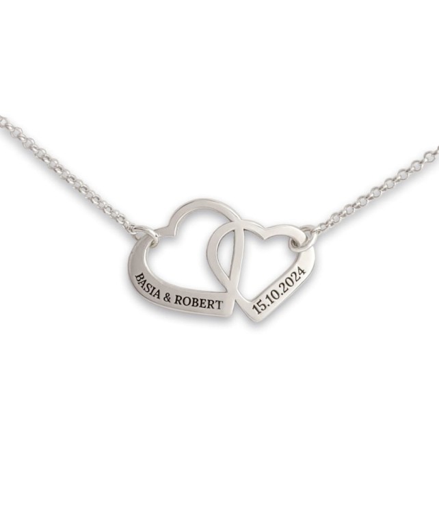 Srebrny Naszyjnik dwa przeplatane Serca z Grawerem