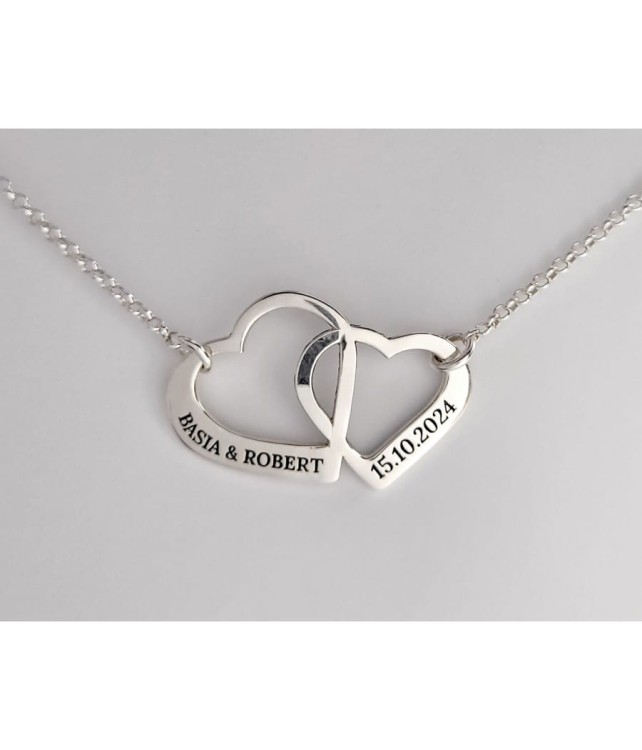 Srebrny Naszyjnik dwa przeplatane Serca z Grawerem