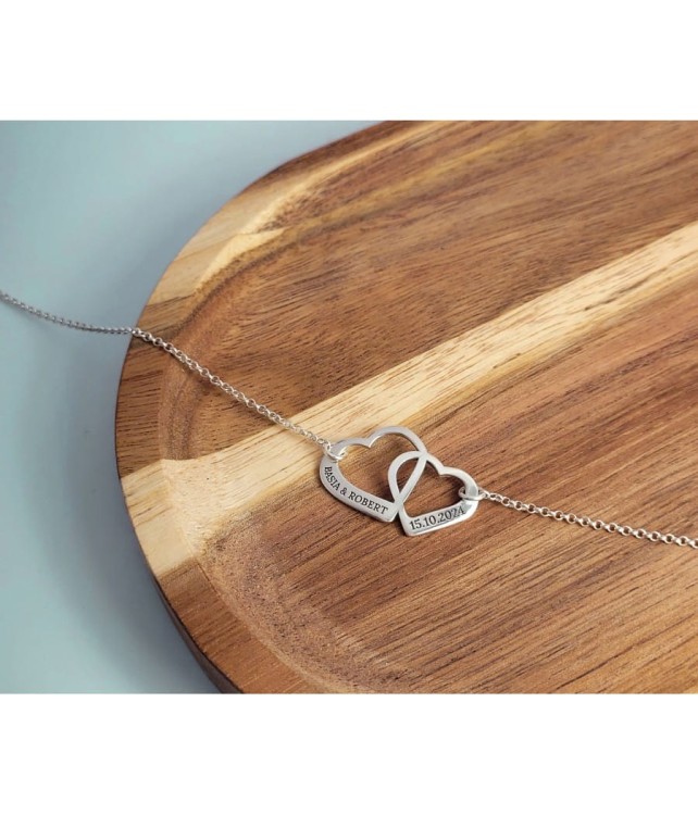 Srebrny Naszyjnik dwa przeplatane Serca z Grawerem