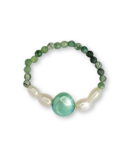 Pierścionek na gumce Perła i agat indyjski