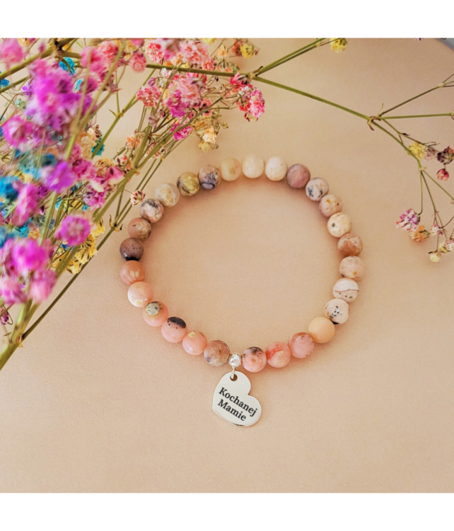 Bransoletka Różowy Opal z grawerowanym srebrnym serduszkiem