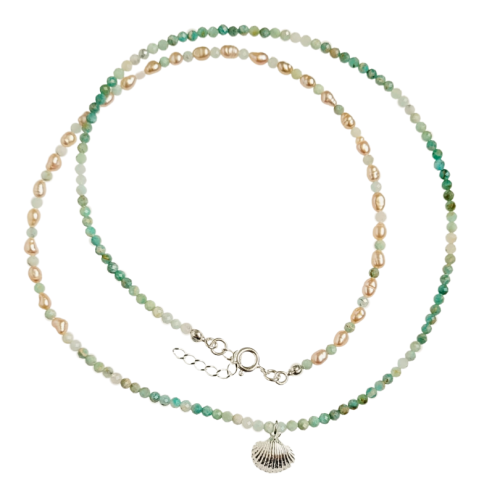 925 Naszyjnik z amazonitem, perłami i zawieszką w kształcie muszli.png