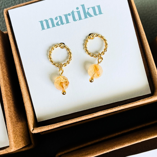 Pozłacane srebrne kolczyki skręcone koła z cytrynem.png